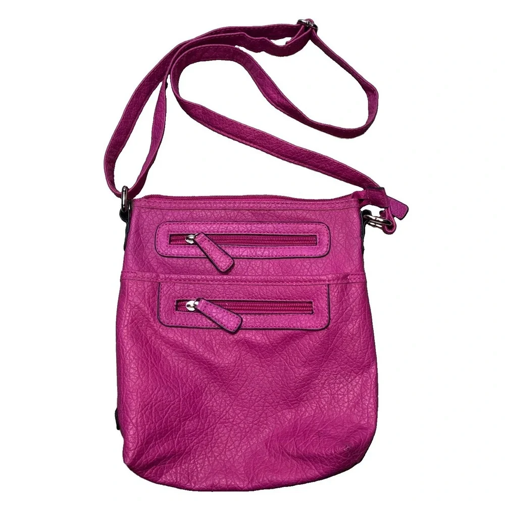 Rossetti Crossbody Bag Magenta Faux Leather Multi Zipper 9x8